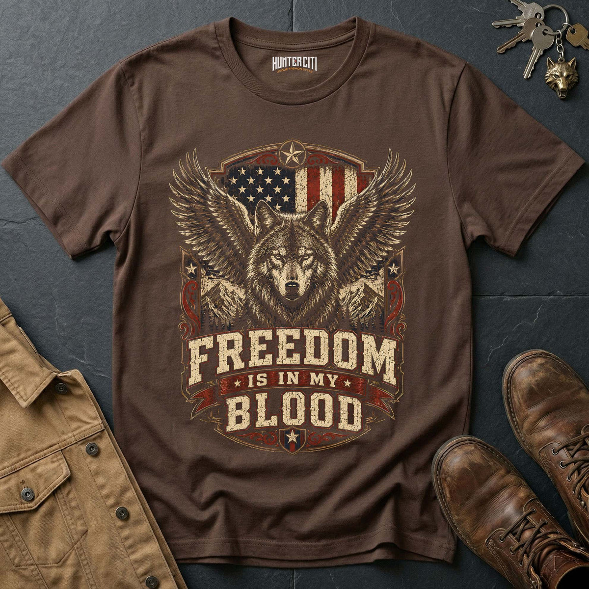 Freedom Is In My Blood Wolf Graphic Tee – Patriotic American T-Shirt