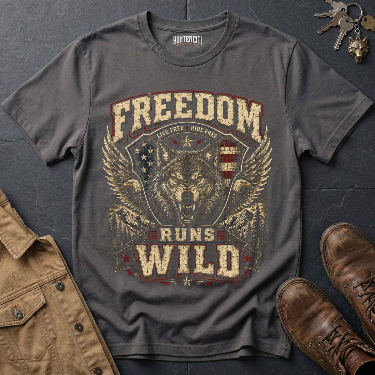 Live Free Ride Free Runs Wild Wolf Graphic Tee – Patriotic American T-Shirt