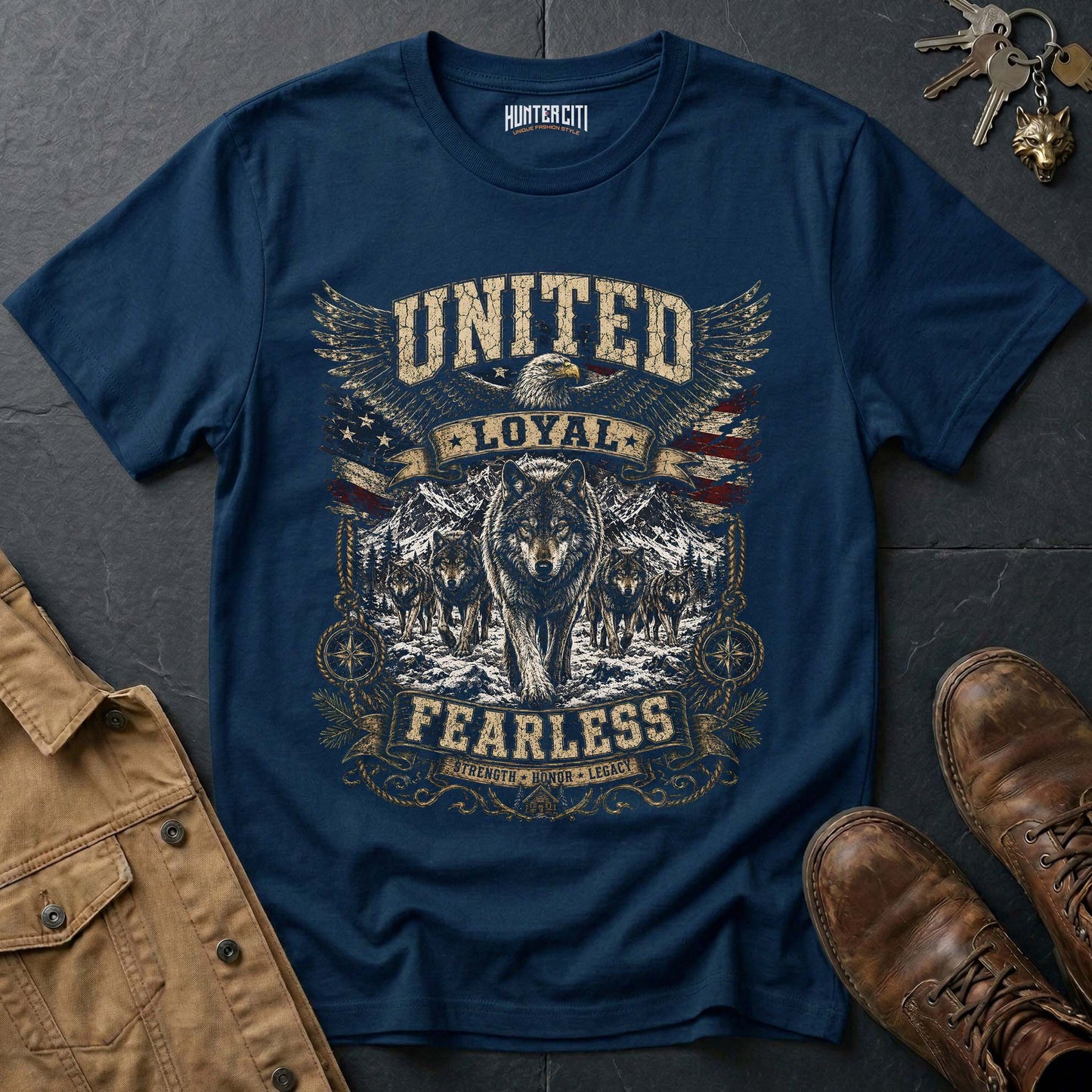 United Loyal Fearless Strength Honor Legacy Wolf Graphic Tee – Patriotic American T-Shirt