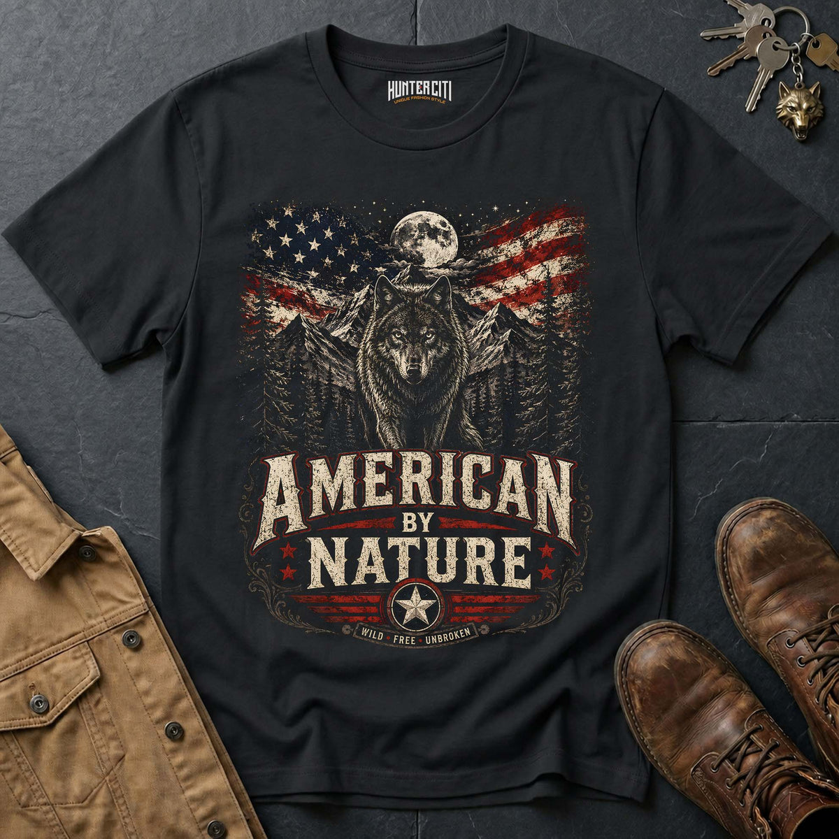 American by Nature Wild Free Unbroken Wolf Graphic Tee – Patriotic American T-Shirt