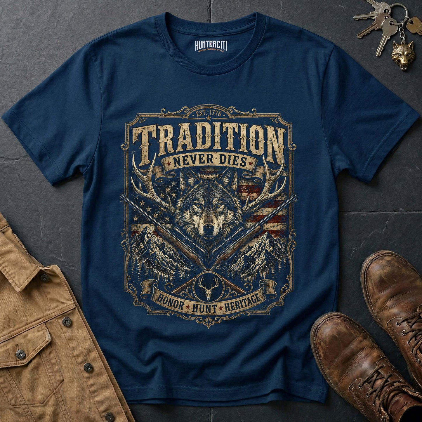 Tradition Never Dies Honor Hunt Heritage Wolf Graphic Tee – Patriotic American T-Shirt