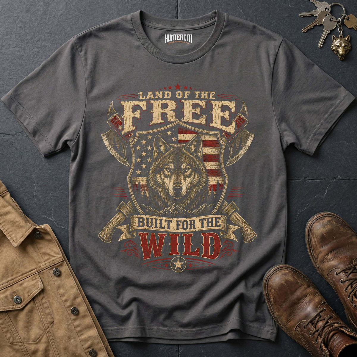 Land of the Free Built for the Wild Wolf Graphic Tee – Patriotic American T-Shirt