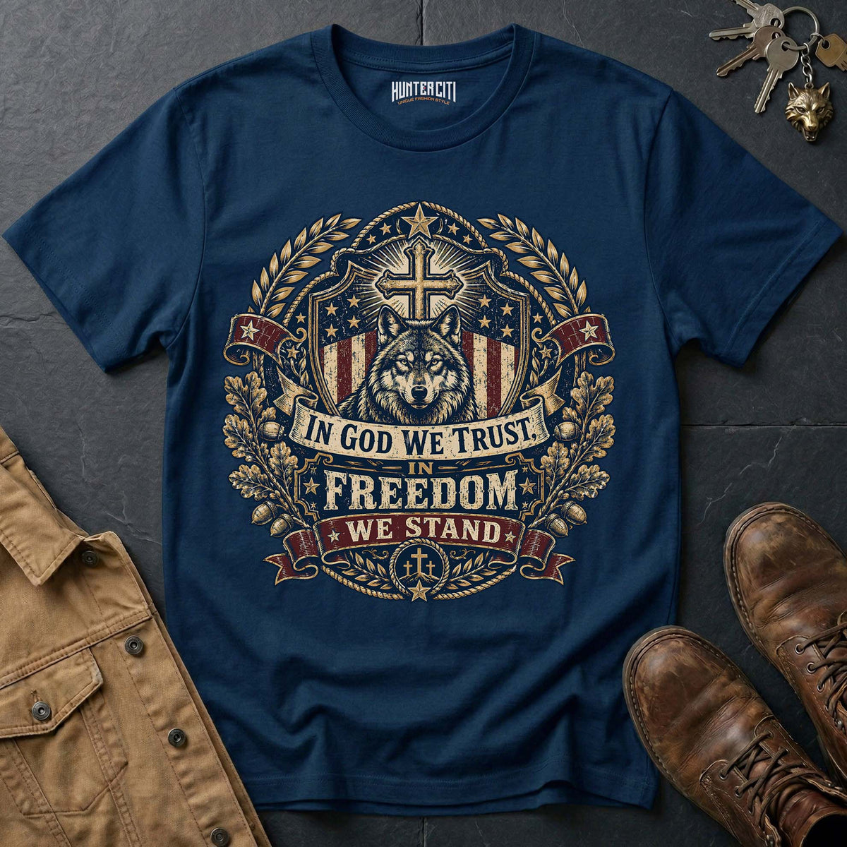 In God We Trust In Freedom We Stand Wolf Graphic Tee – Patriotic American T-Shirt