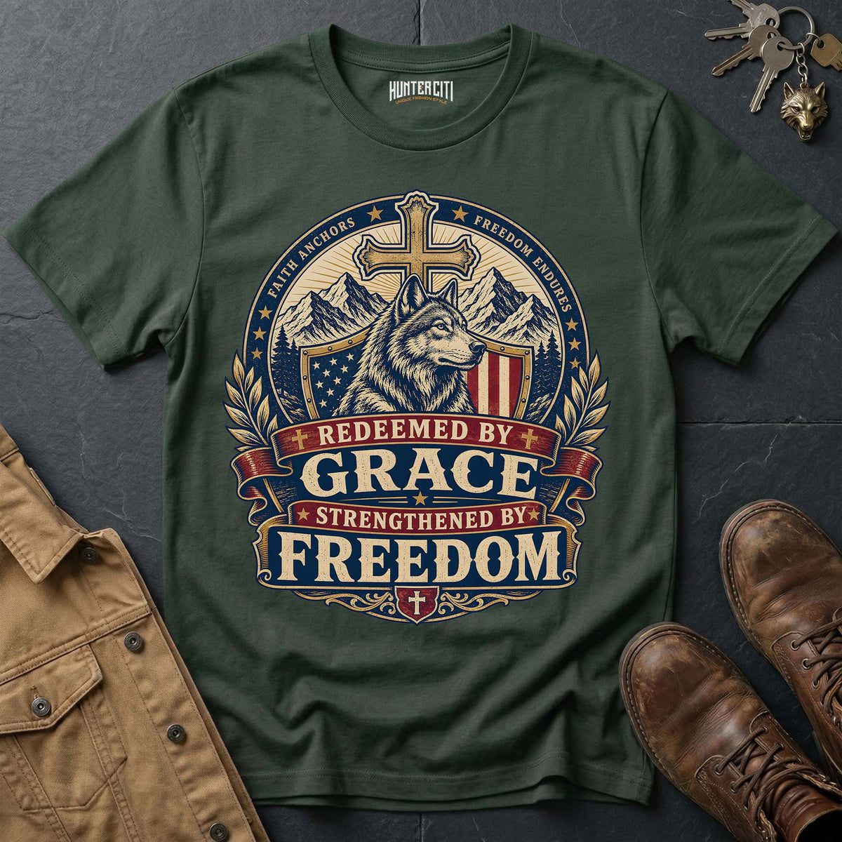 Redeemed by Grace Strengthened by Freedom Wolf T-Shirt - Christian Patriotic Wolf Graphic Tee USA Gift for Men