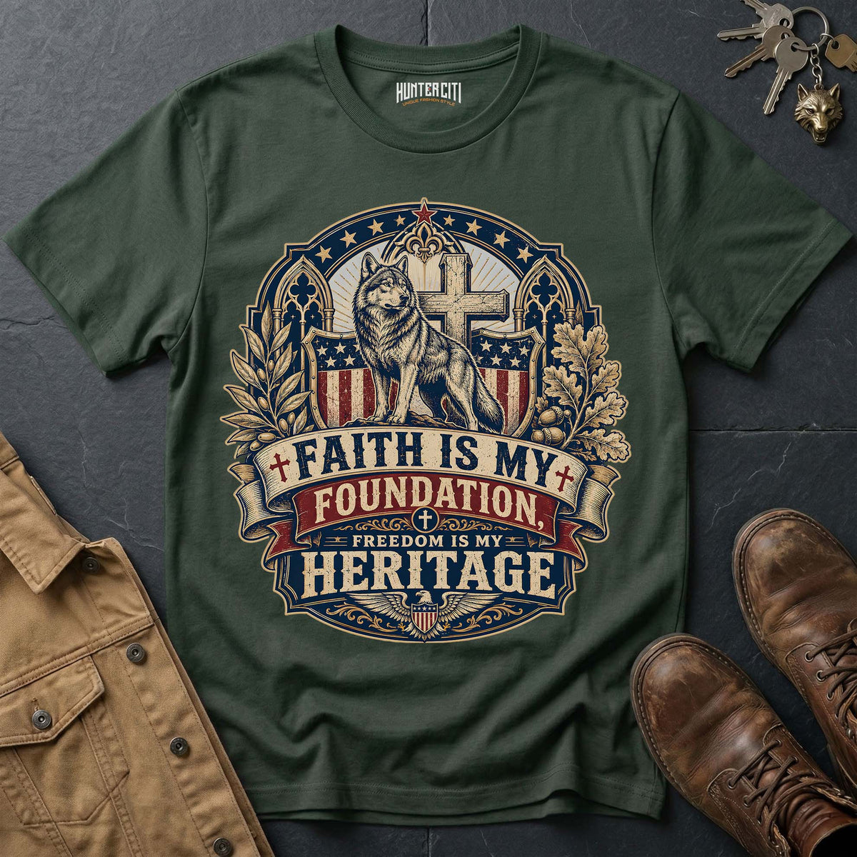 Faith Is My Foundation Freedom Is My Heritage Wolf T-Shirt - Christian Patriotic Wolf Graphic Tee USA Gift for Men