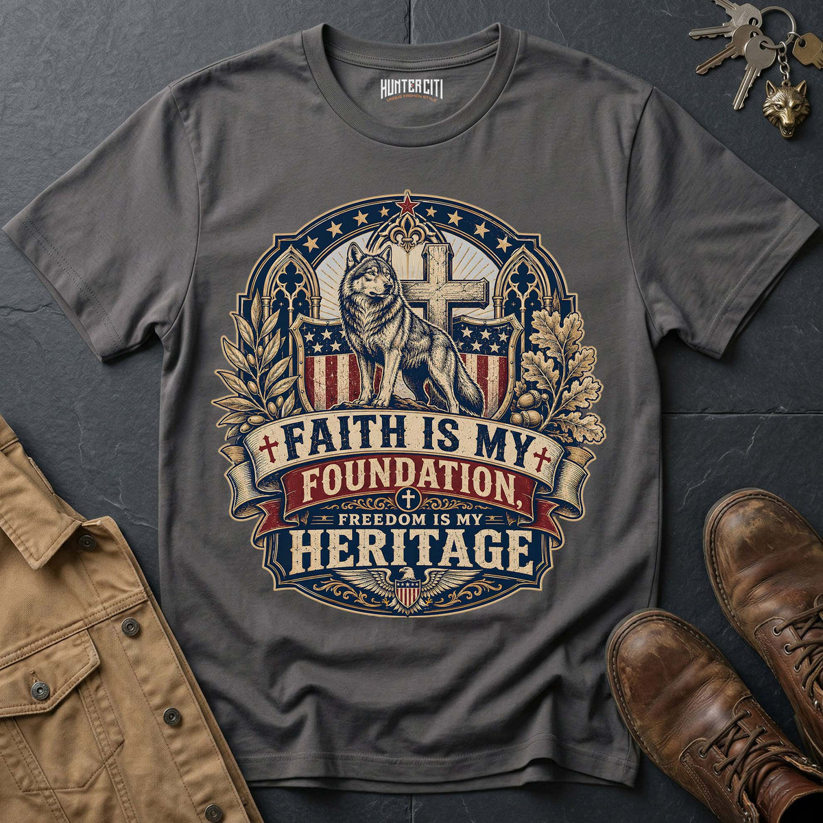 Faith Is My Foundation Freedom Is My Heritage Wolf T-Shirt - Christian Patriotic Wolf Graphic Tee USA Gift for Men