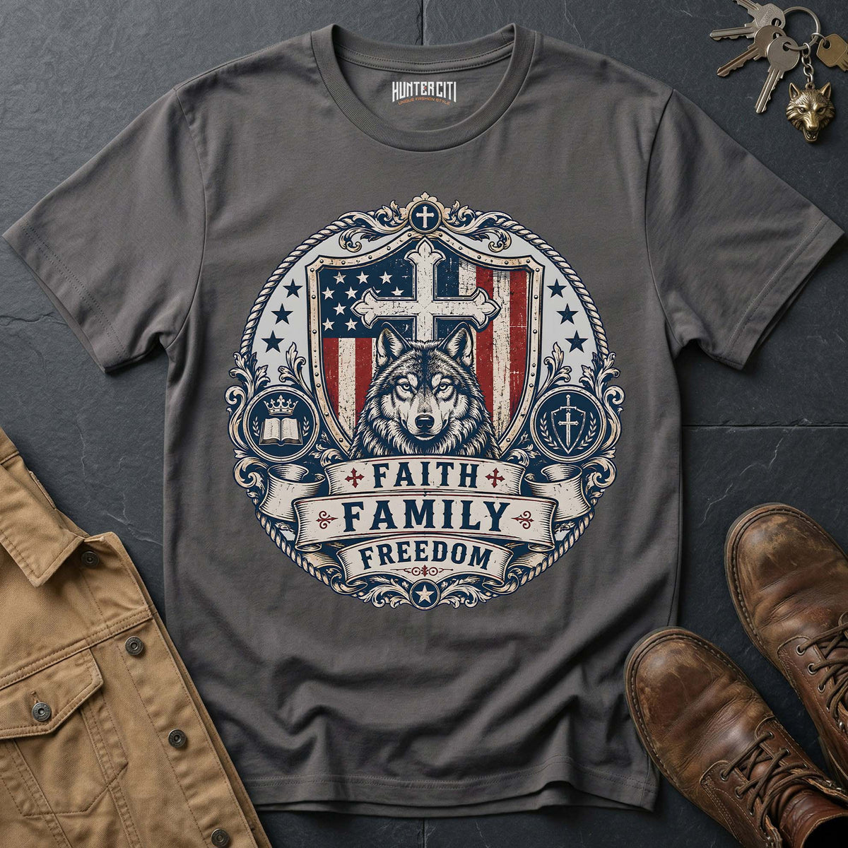 Faith Family Freedom Wolf T-Shirt - Christian Patriotic Wolf Graphic Tee USA Gift for Men