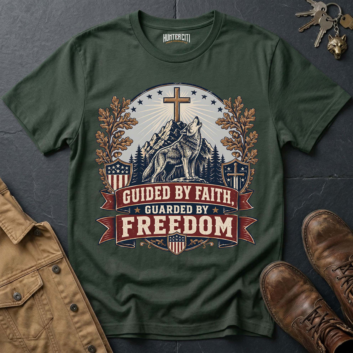 Guided by Faith Guarded by Freedom Wolf T-Shirt - Christian Patriotic Wolf Graphic Tee USA Gift for Men