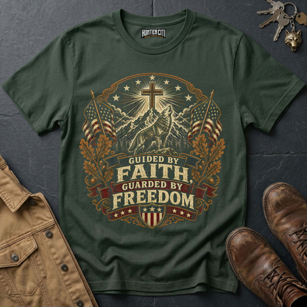 Guided by Faith Guarded by Freedom Wolf T-Shirt - Christian Patriotic Wolf Graphic Tee USA Gift for Men Vintage Edition