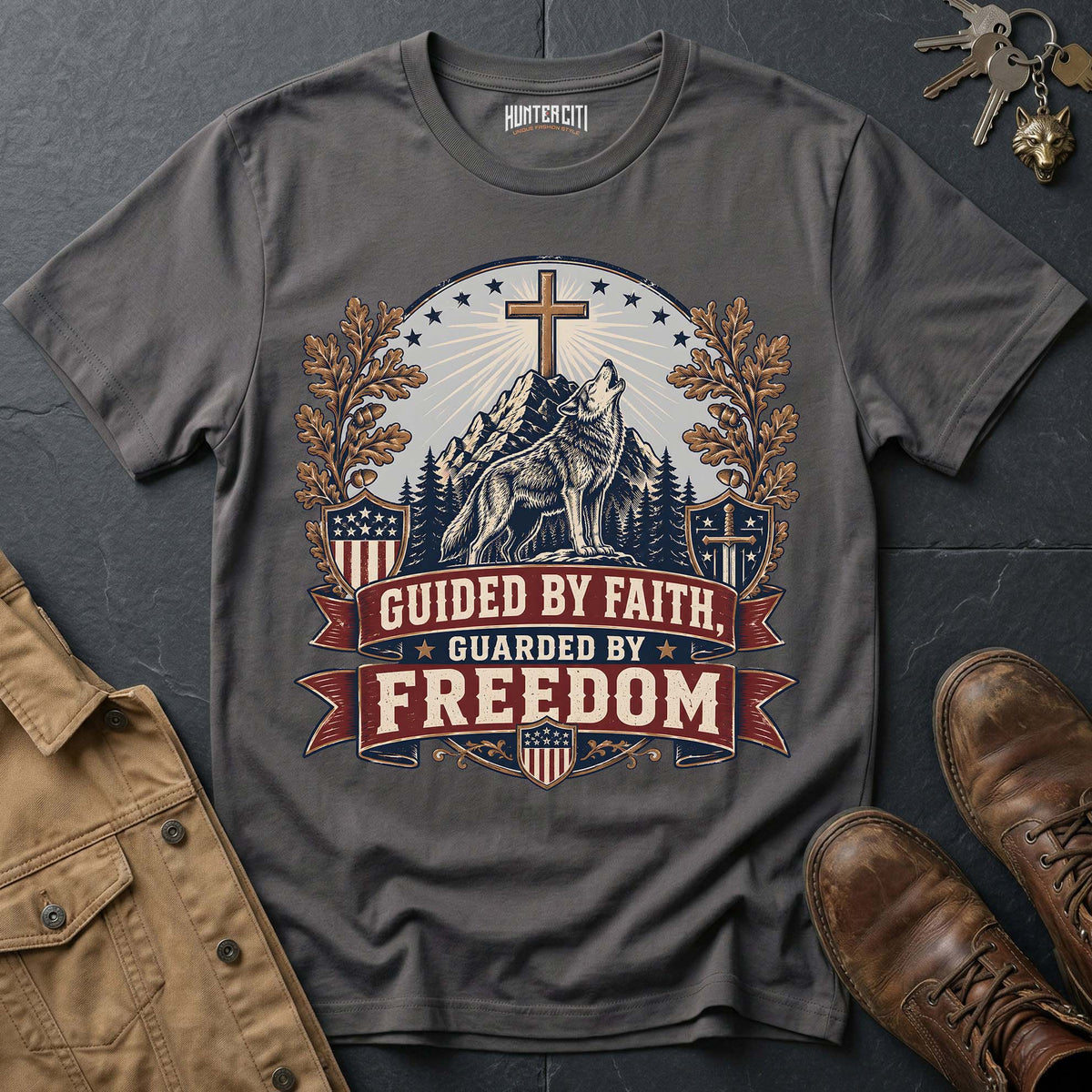 Guided by Faith Guarded by Freedom Wolf T-Shirt - Christian Patriotic Wolf Graphic Tee USA Gift for Men
