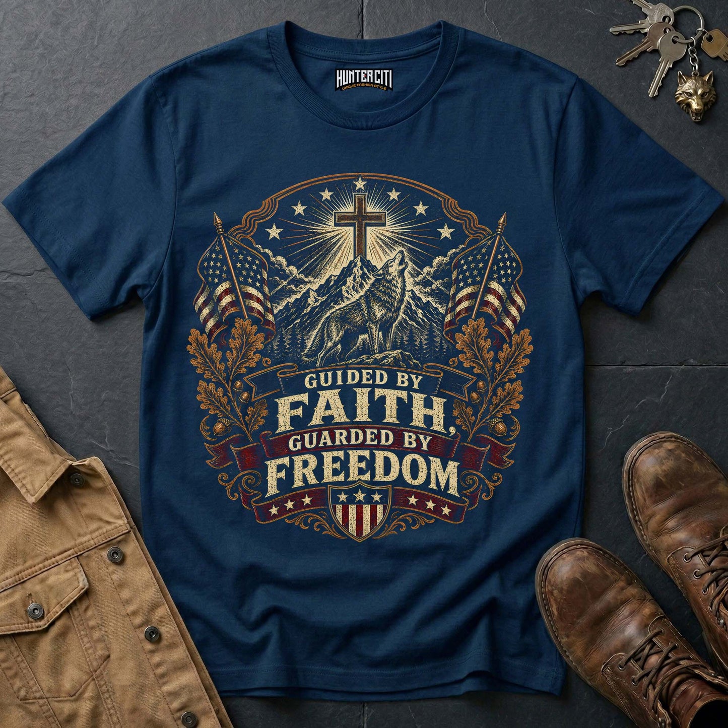 Guided by Faith Guarded by Freedom Wolf T-Shirt - Christian Patriotic Wolf Graphic Tee USA Gift for Men Vintage Edition