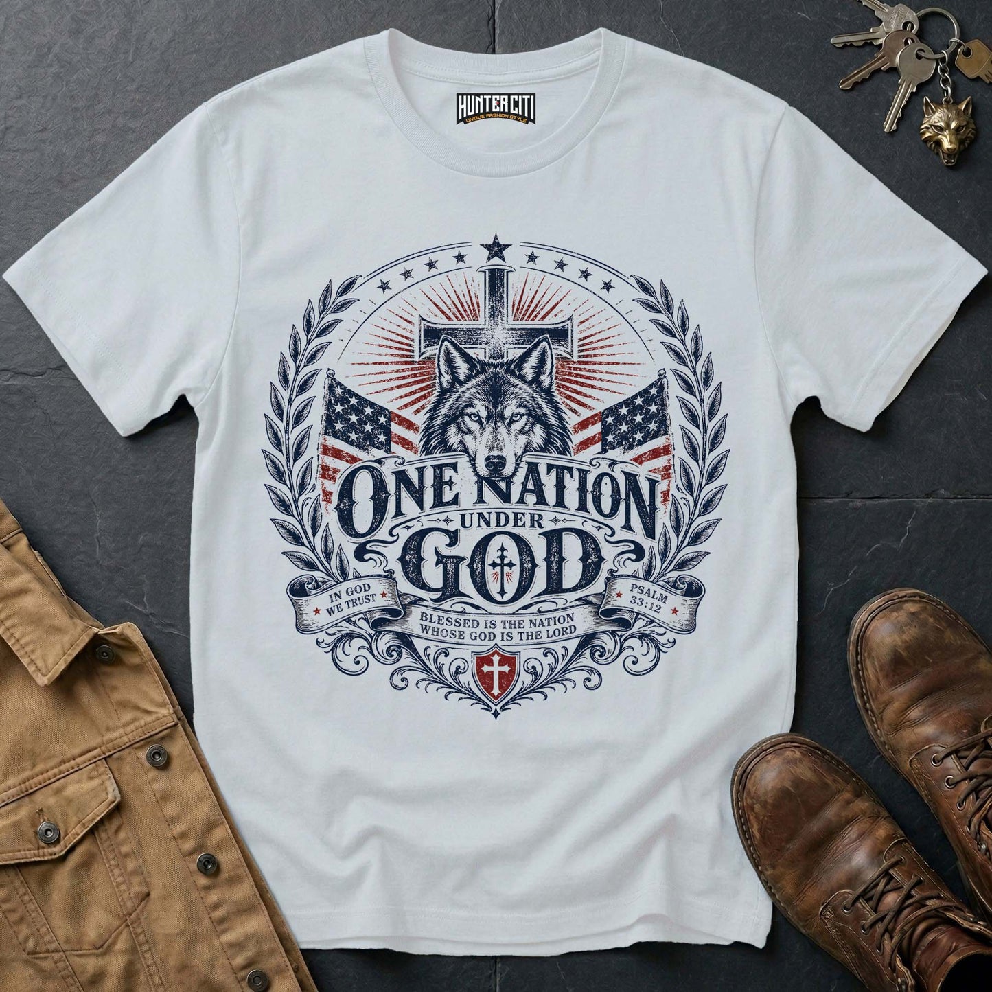 One Nation Under God American Wolf T-Shirt - Christian Patriotic Wolf Graphic Tee USA Gift for Men
