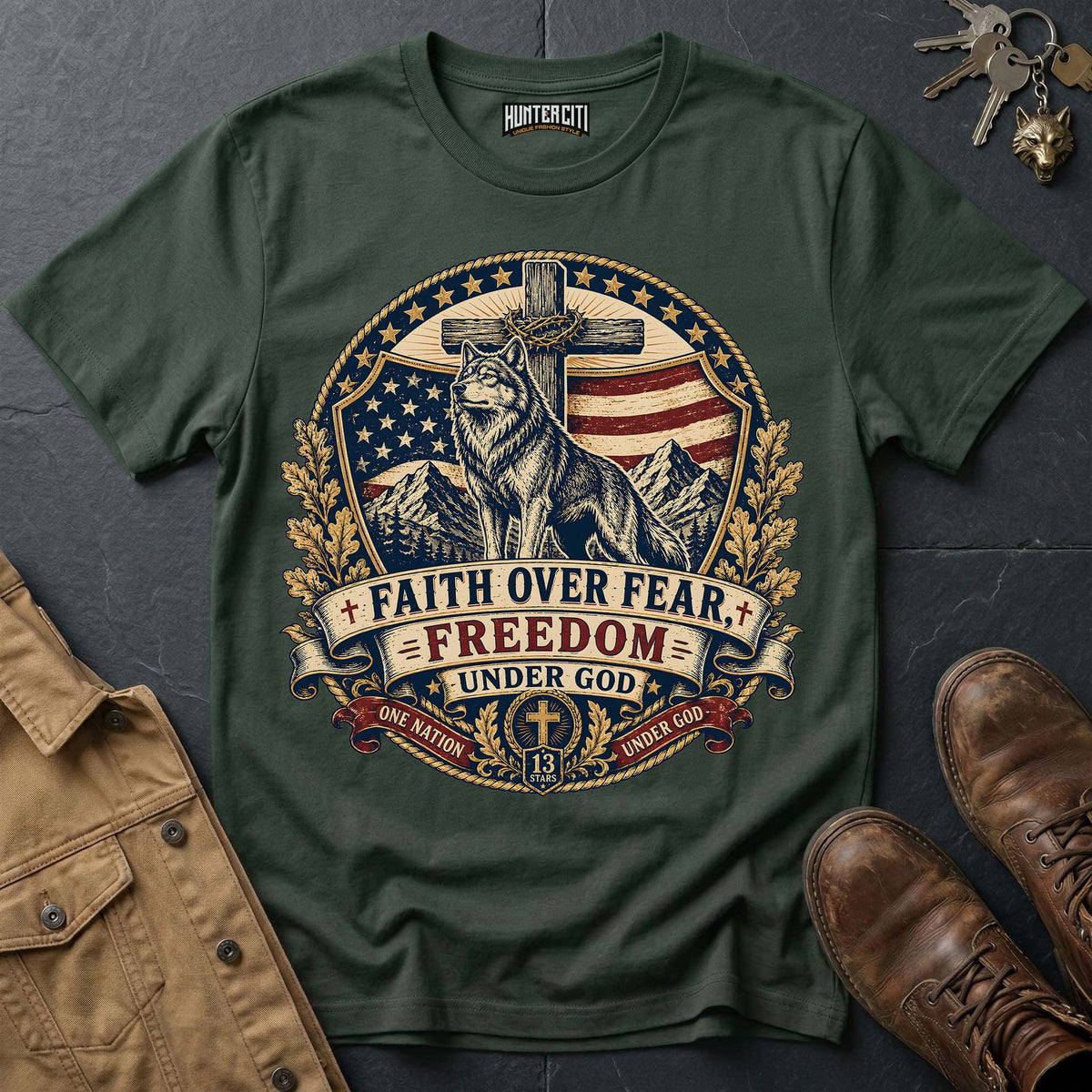 Faith Over Fear Freedom Under God Wolf T-Shirt - Christian Patriotic Wolf Graphic Tee USA Gift for Men