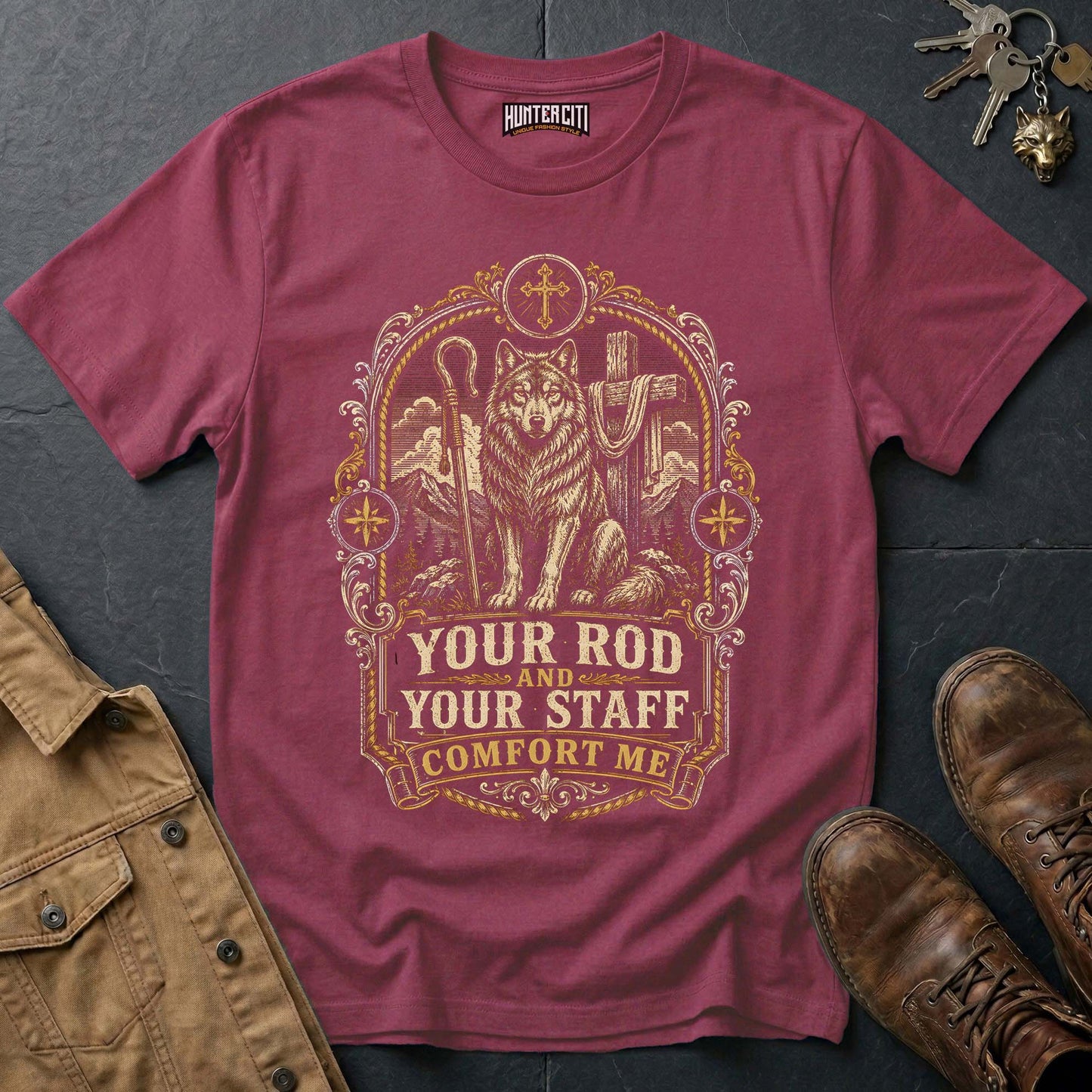 Your Rod and Your Staff Comfort Me Wolf T-Shirt - Psalm 23 Christian Wolf Graphic Tee USA Gift for Men