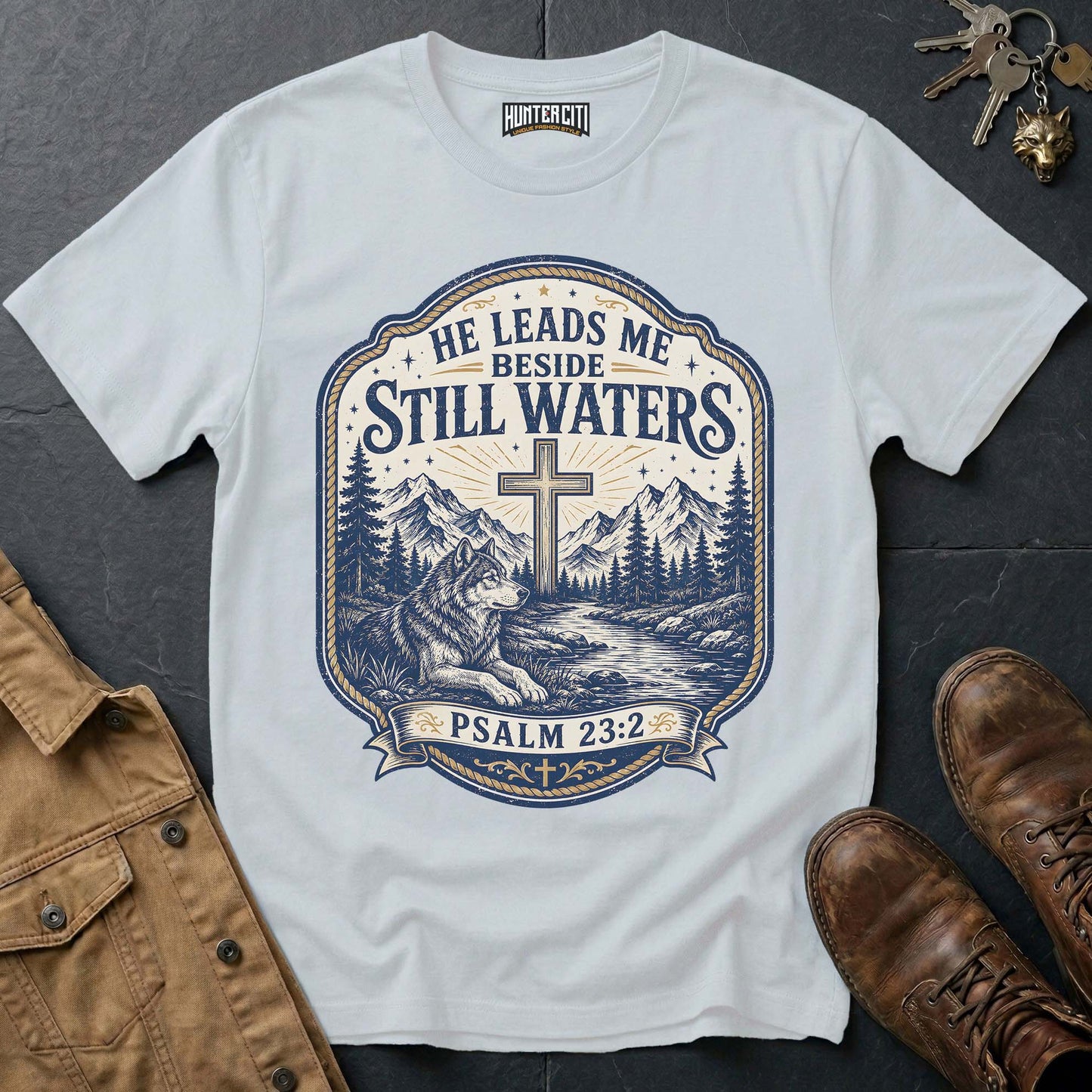He Leads Me Beside Still Waters Psalm 23 Wolf T-Shirt - Christian Wolf Graphic Tee USA Gift for Men