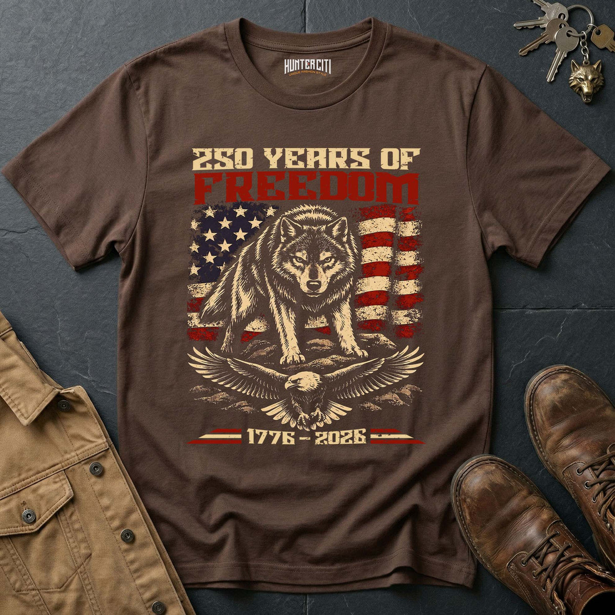 250 Years of Freedom Wolf Eagle Landscape T-Shirt America 1776 2026 Patriotic Anniversary Wolf Graphic Tee USA