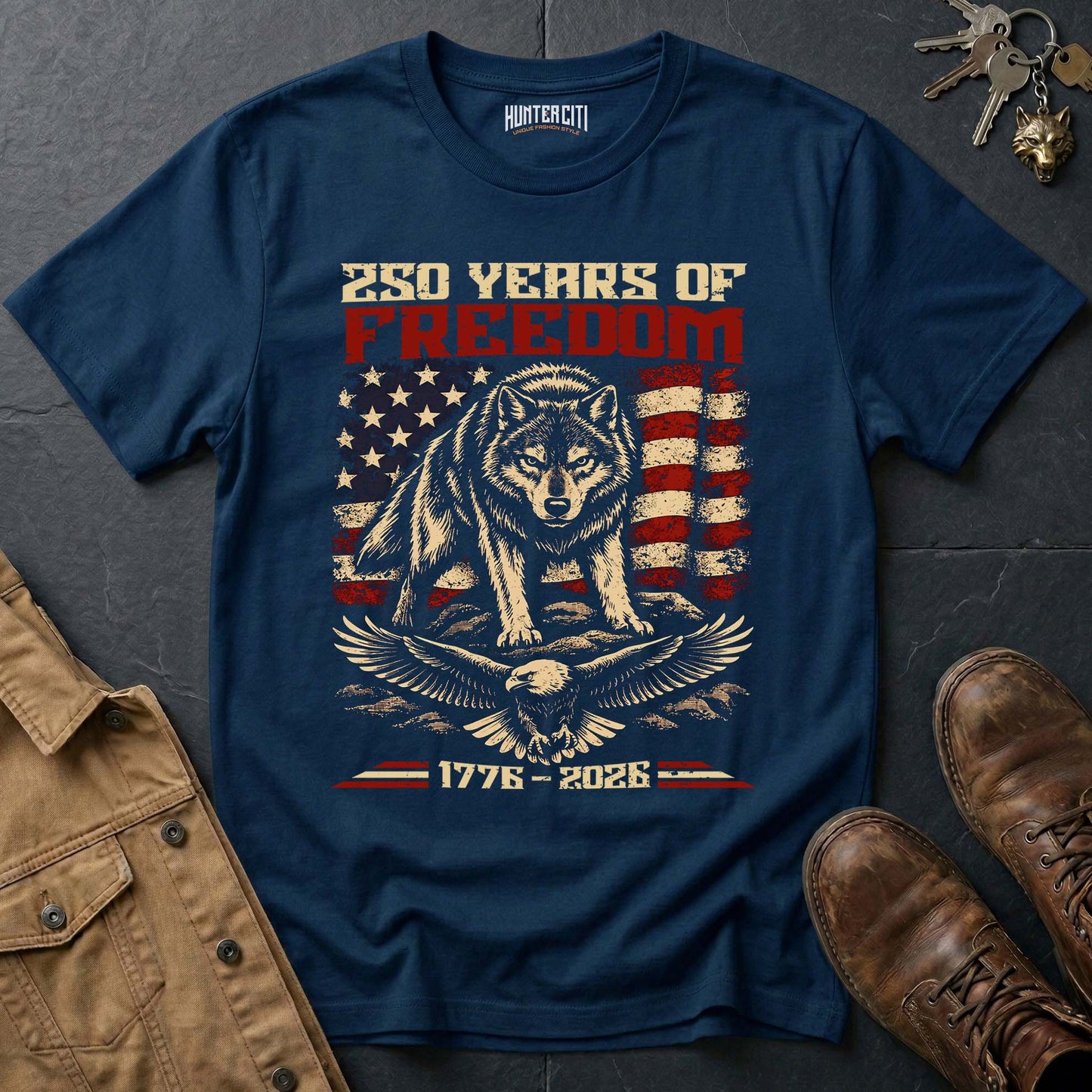 250 Years of Freedom Wolf Eagle Landscape T-Shirt America 1776 2026 Patriotic Anniversary Wolf Graphic Tee USA