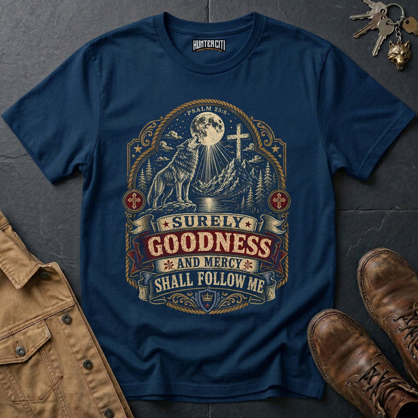 Surely Goodness and Mercy Shall Follow Me Wolf T-Shirt - Psalm 23:6 Christian Tee