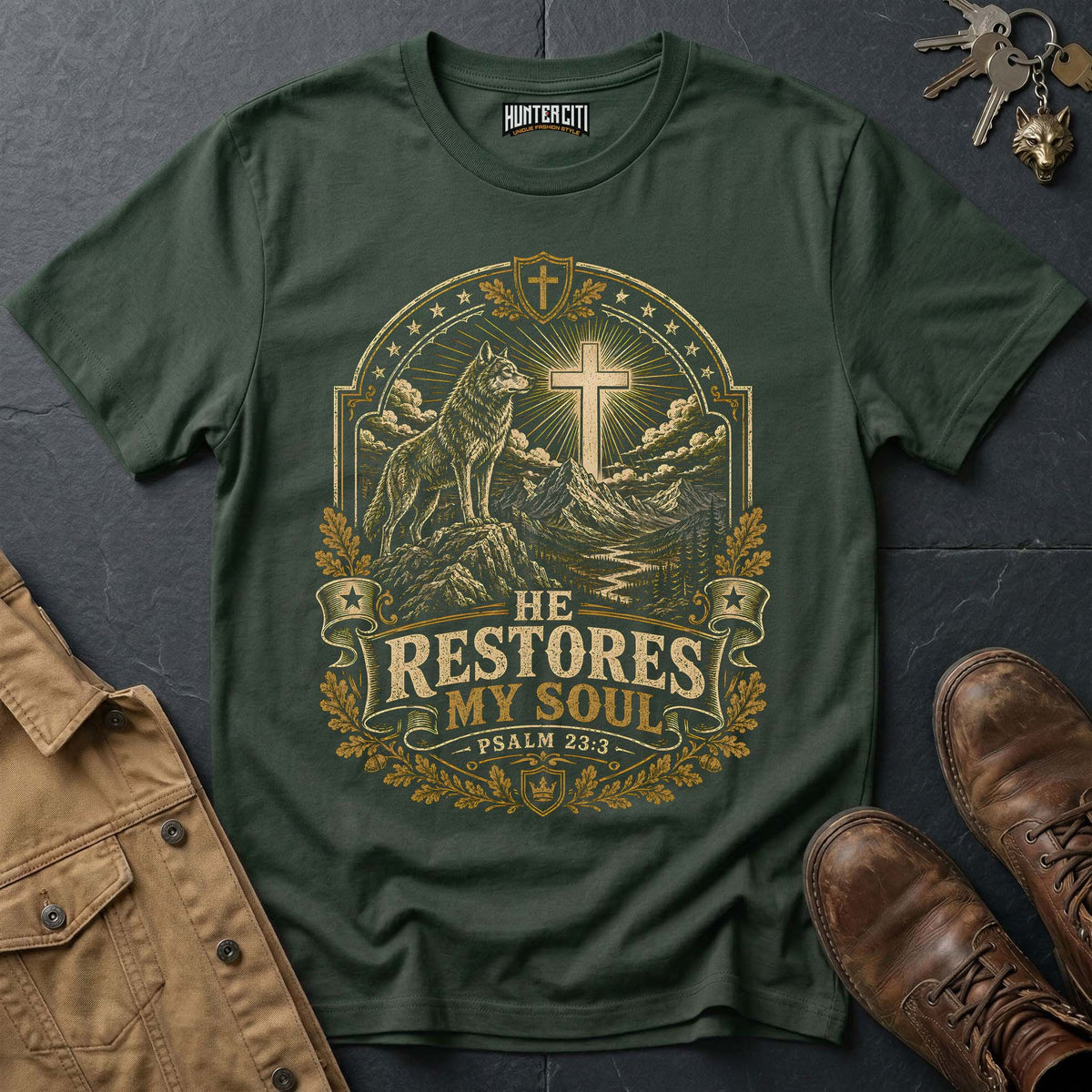 He Restores My Soul Psalm 23:3 Wolf T-Shirt - Christian Wilderness Graphic Tee