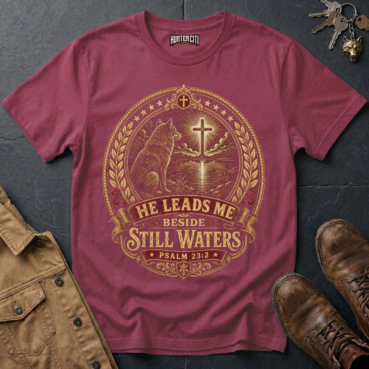 He Leads Me Beside Still Waters Wolf T-Shirt - Psalm 23:2 Christian Graphic Tee