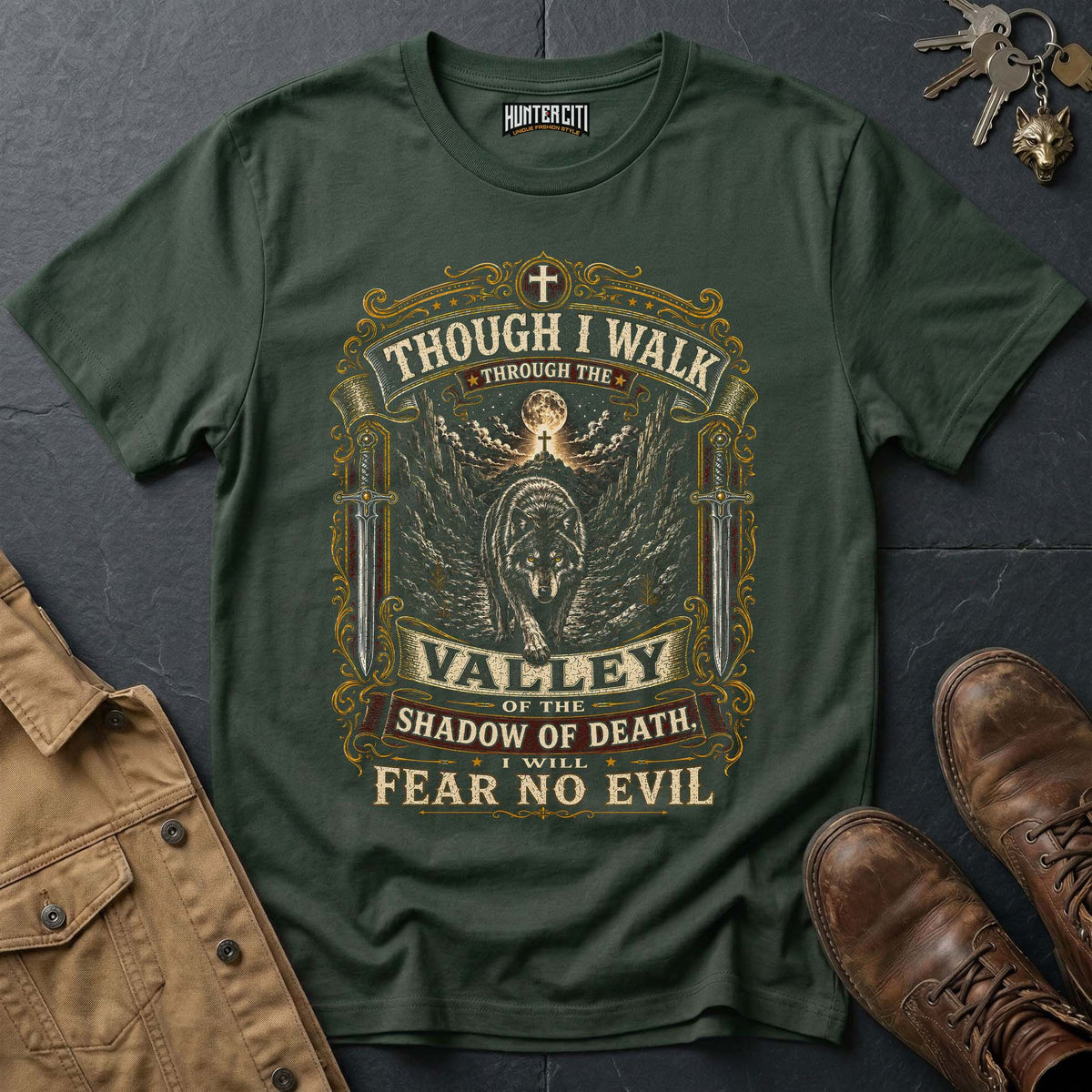 Though I Walk Through the Valley I Will Fear No Evil Wolf T-Shirt - Psalm 23:4 Tee