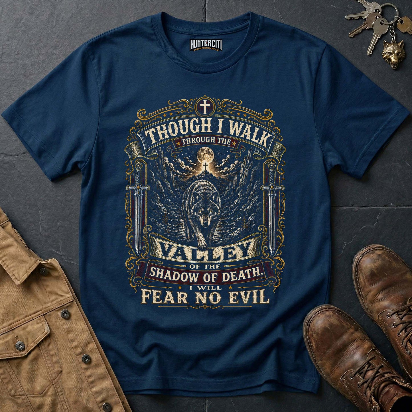 Though I Walk Through the Valley I Will Fear No Evil Wolf T-Shirt - Psalm 23:4 Tee