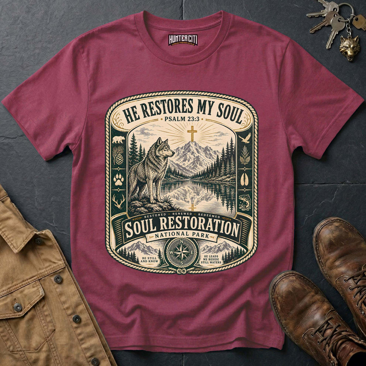 He Restores My Soul National Park Wolf T-Shirt - Psalm 23:3 Christian Tee