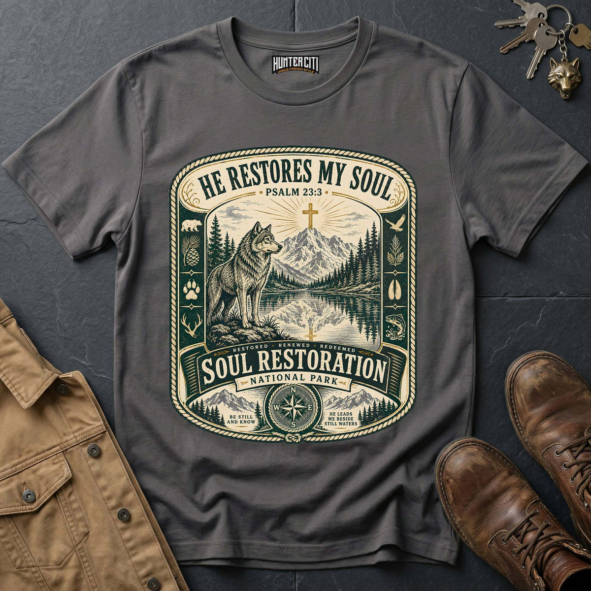 He Restores My Soul National Park Wolf T-Shirt - Psalm 23:3 Christian Tee