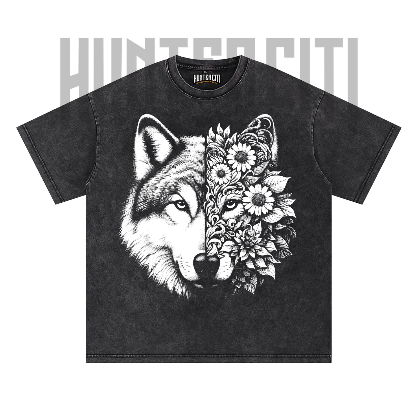 Floral Wolf Face T-Shirt, Wolf and Flowers Graphic Tee, Vintage 90s Style Oversize Unisex T-Shirt, Artistic Wolf Lover Gift