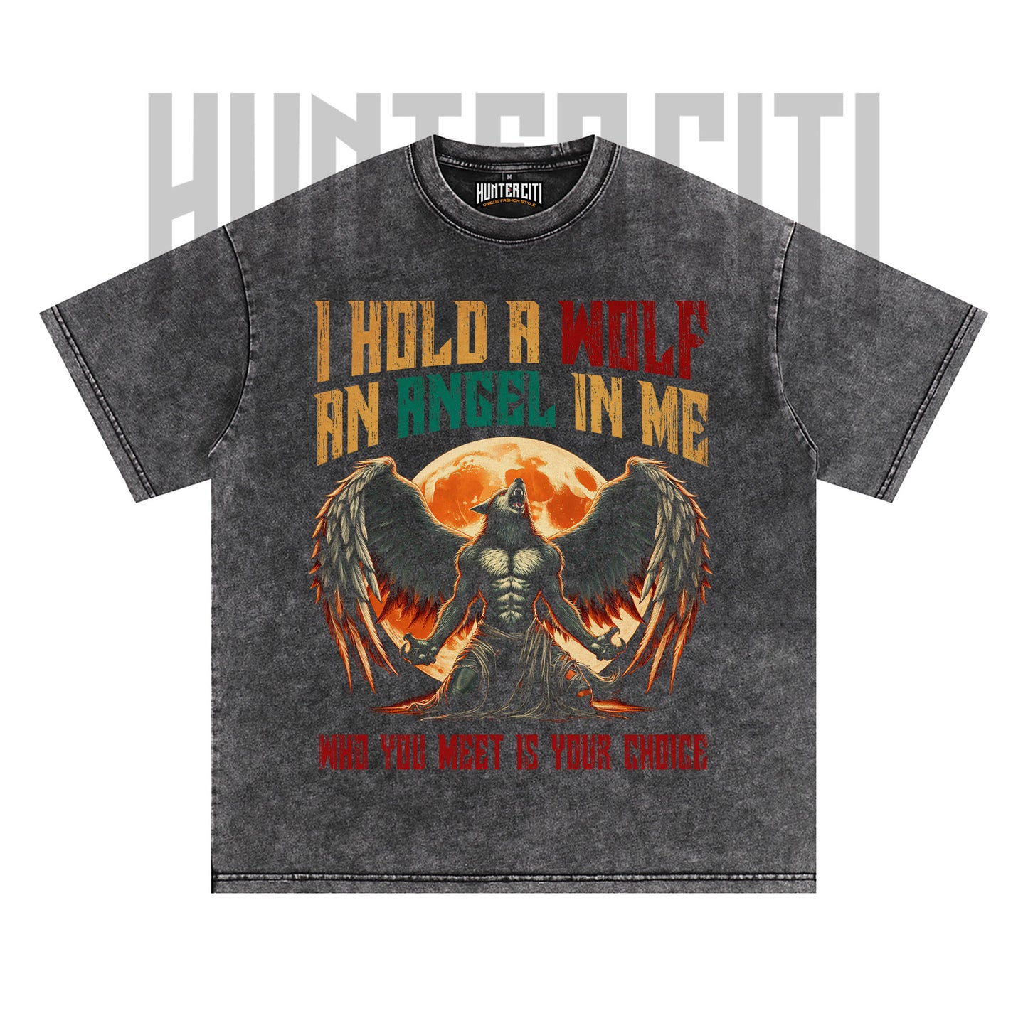 I Hold A Wolf An Angel In Me T-Shirt, Wolf and Angel Graphic Tee, Vintage 90s Style Oversize Unisex T-Shirt, Gift for Meme and Wolf Lovers