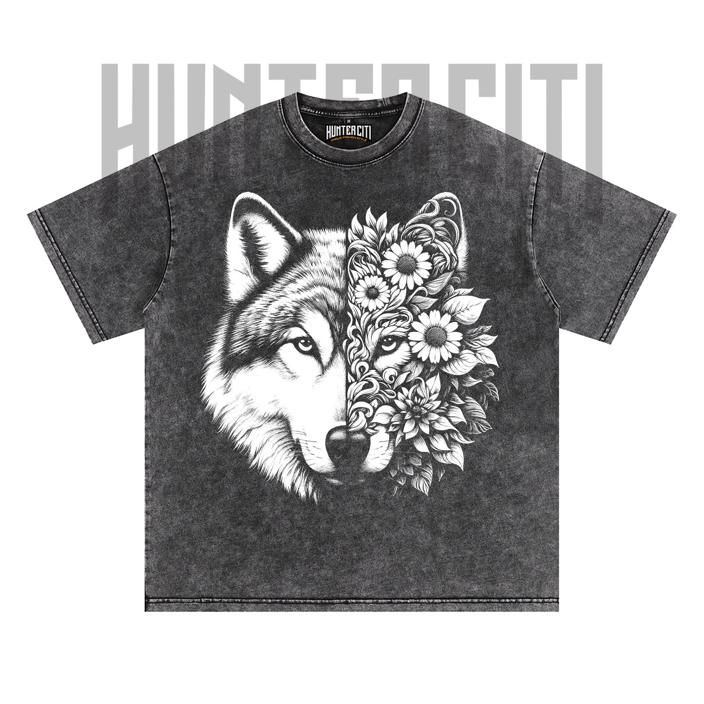 Floral Wolf Face T-Shirt, Wolf and Flowers Graphic Tee, Vintage 90s Style Oversize Unisex T-Shirt, Artistic Wolf Lover Gift