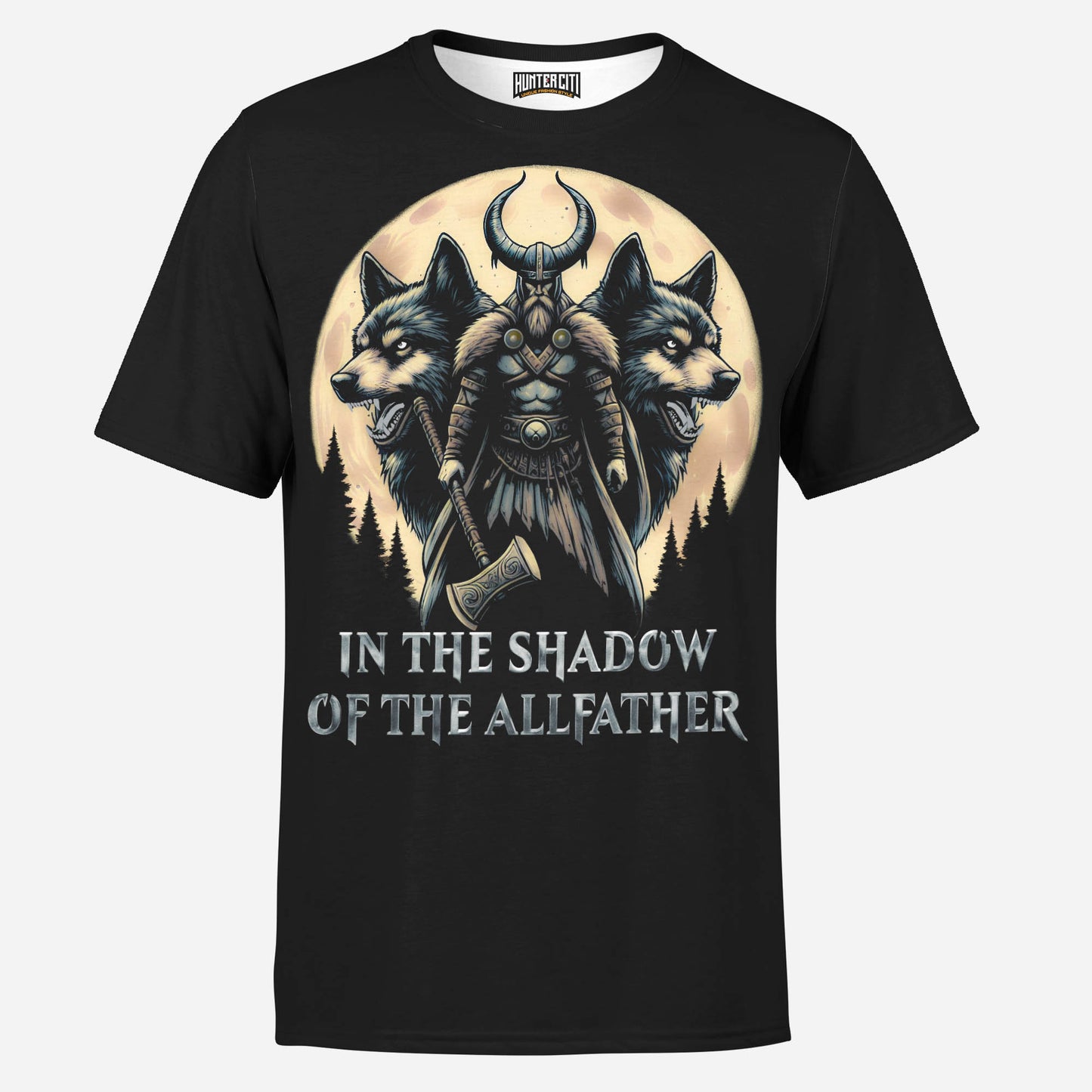 In the Shadow of the Allfather Odin and Two Wolves Mens T-Shirt