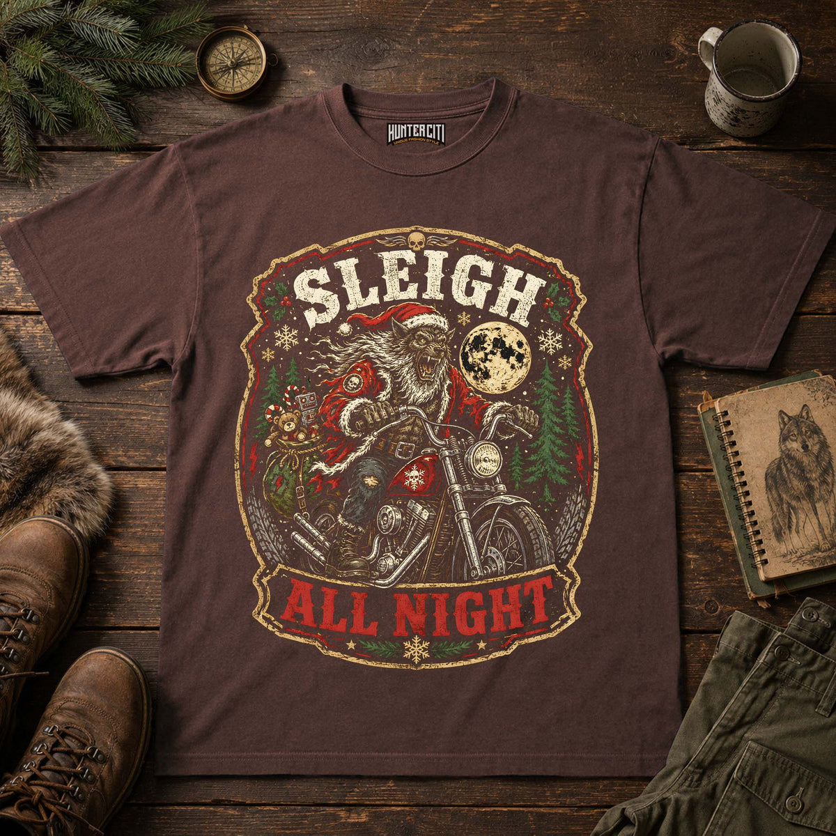Sleigh All Night Werewolf Santa Biker T-Shirt