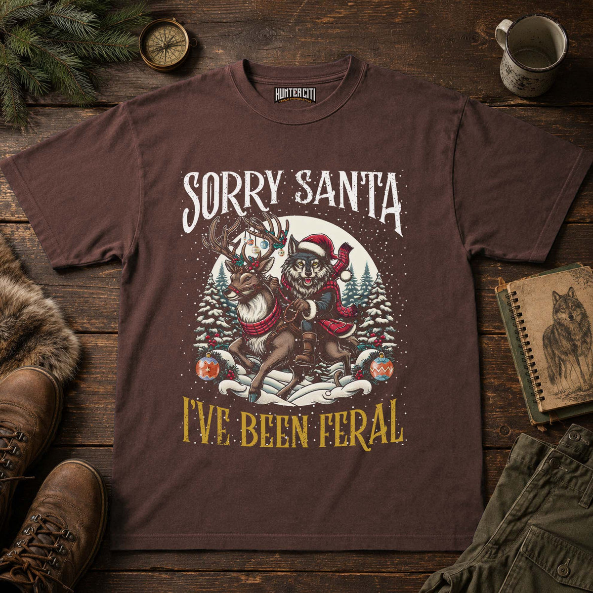 Sorry Santa I've Been Feral Comfort Colors 1717 Shirt, Funny Christmas Wolf Riding Reindeer Graphic Tee, Holiday Gift Tee
