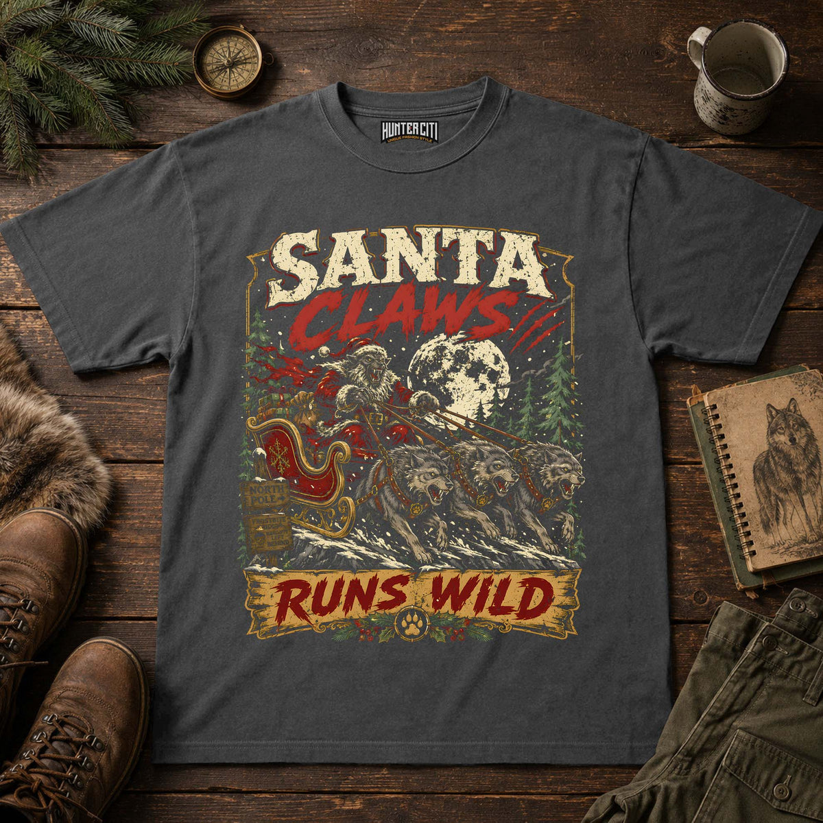 Santa Claws Runs Wild Wolf Sleigh T-Shirt