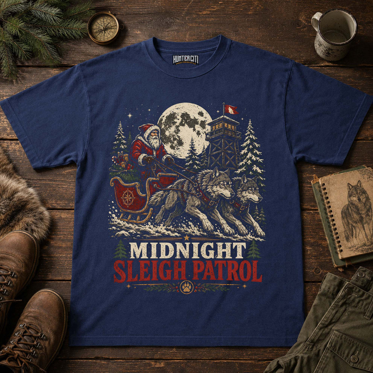 Midnight Sleigh Patrol Wolf Christmas Unisex T-Shirt