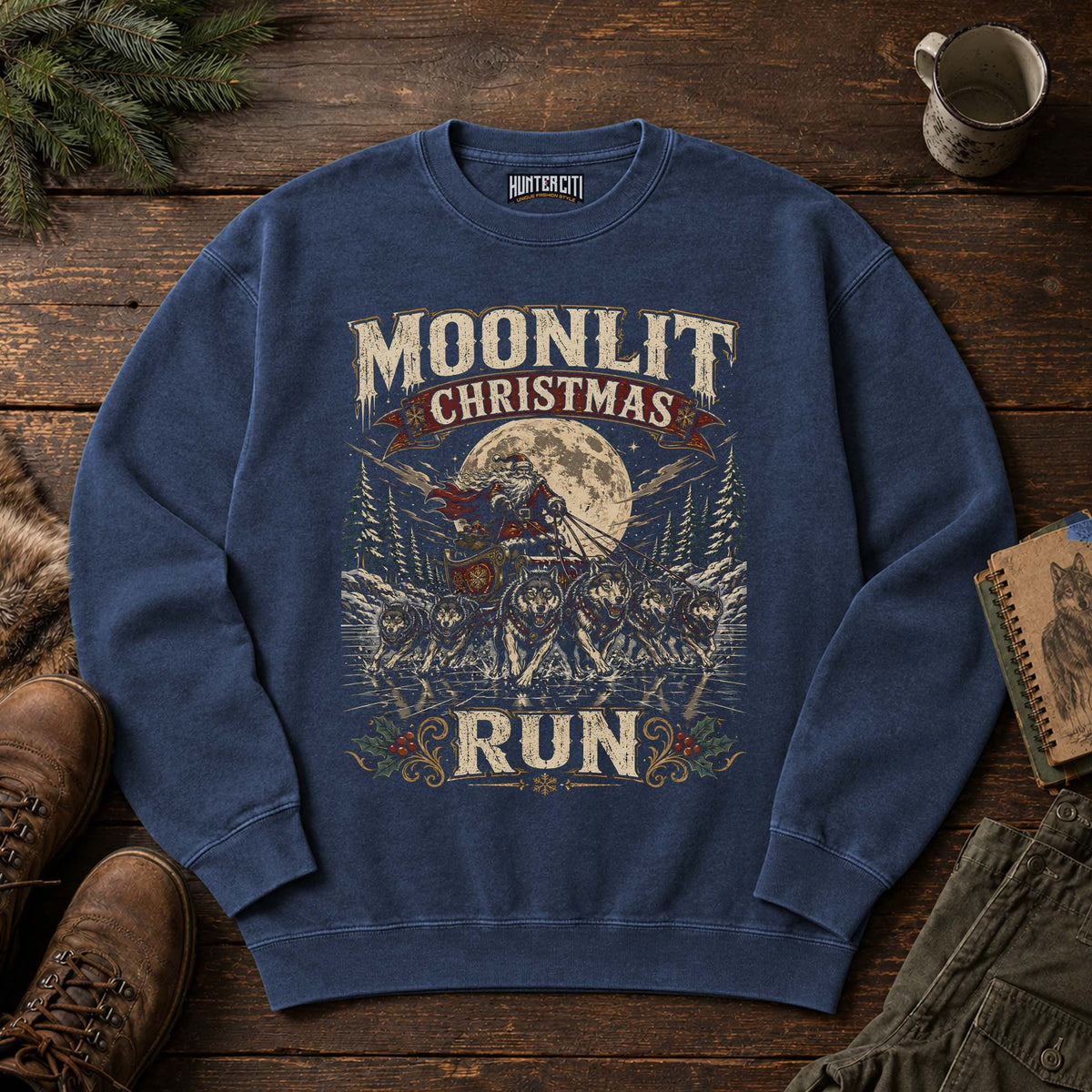 Moonlit Christmas Run Wolf Sleigh Sweatshirt
