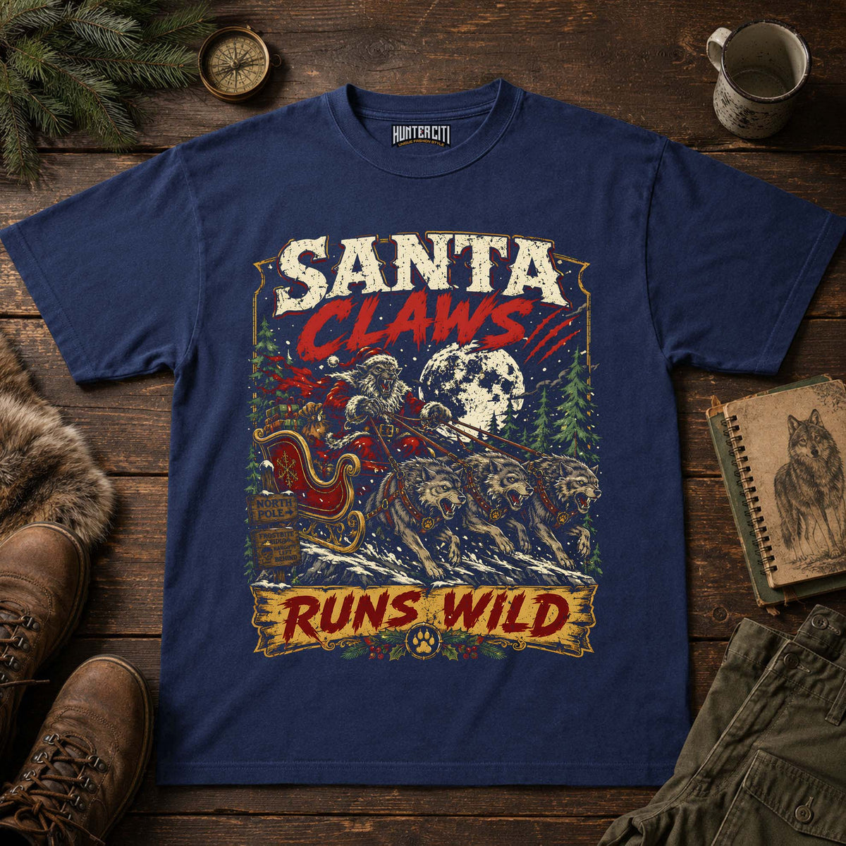 Santa Claws Runs Wild Wolf Sleigh T-Shirt