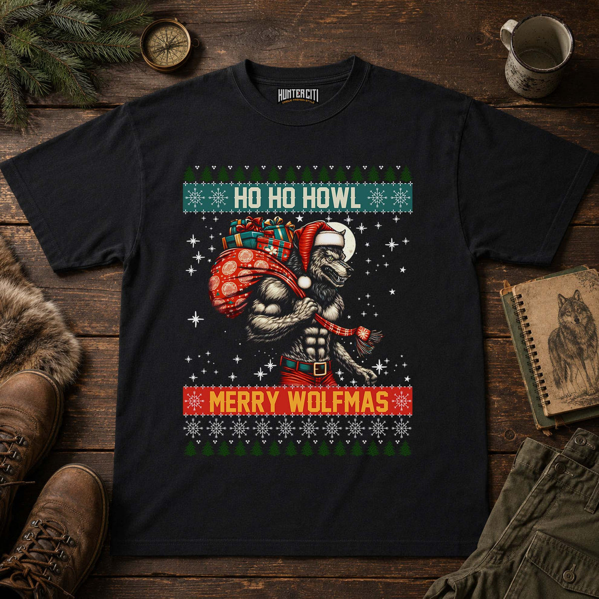 Ho Ho Howl Merry Wolfmas Comfort Colors 1717 Shirt, Funny Christmas Wolf Graphic Tee, Retro Ugly Sweater Style Holiday Gift