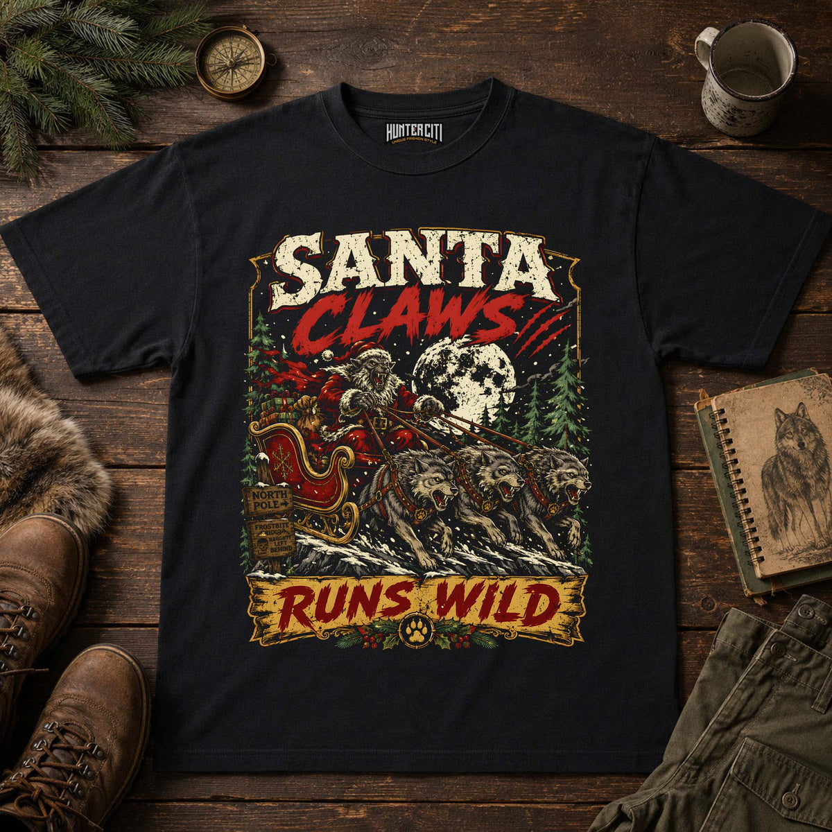 Santa Claws Runs Wild Wolf Sleigh T-Shirt