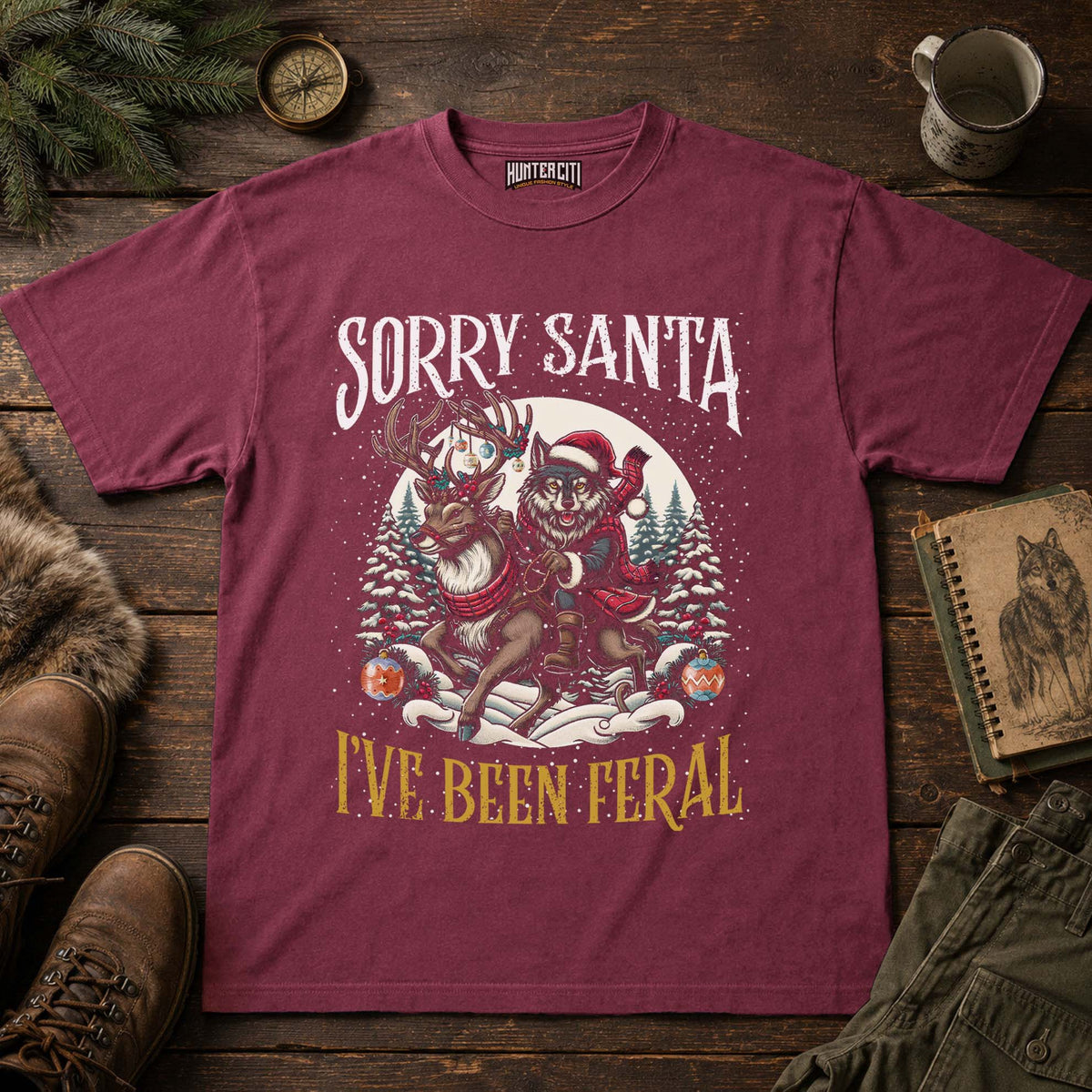 Sorry Santa I've Been Feral Comfort Colors 1717 Shirt, Funny Christmas Wolf Riding Reindeer Graphic Tee, Holiday Gift Tee