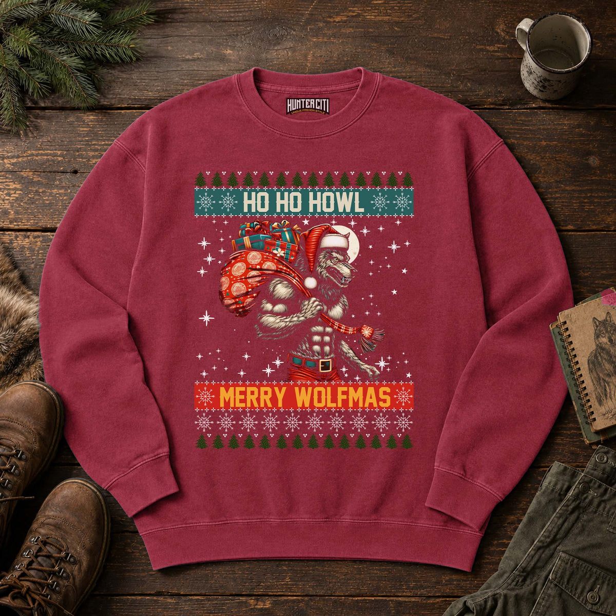 Ho Ho Howl Merry Wolfmas Comfort Colors 1566 Sweatshirt, Funny Christmas Wolf Graphic Crewneck, Ugly Sweater Style Holiday Gift