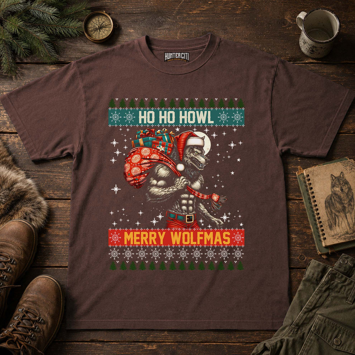 Ho Ho Howl Merry Wolfmas Comfort Colors 1717 Shirt, Funny Christmas Wolf Graphic Tee, Retro Ugly Sweater Style Holiday Gift