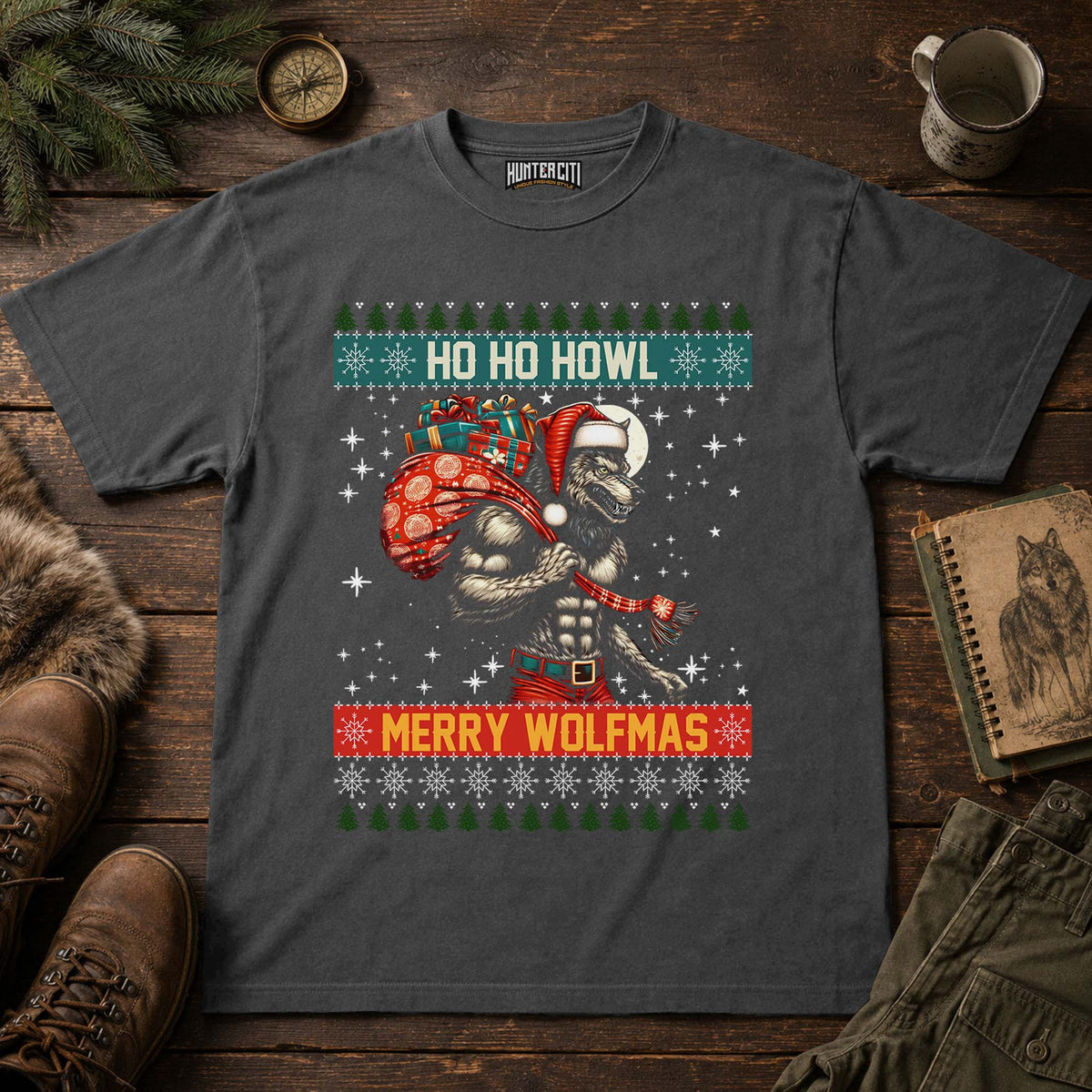 Ho Ho Howl Merry Wolfmas Comfort Colors 1717 Shirt, Funny Christmas Wolf Graphic Tee, Retro Ugly Sweater Style Holiday Gift