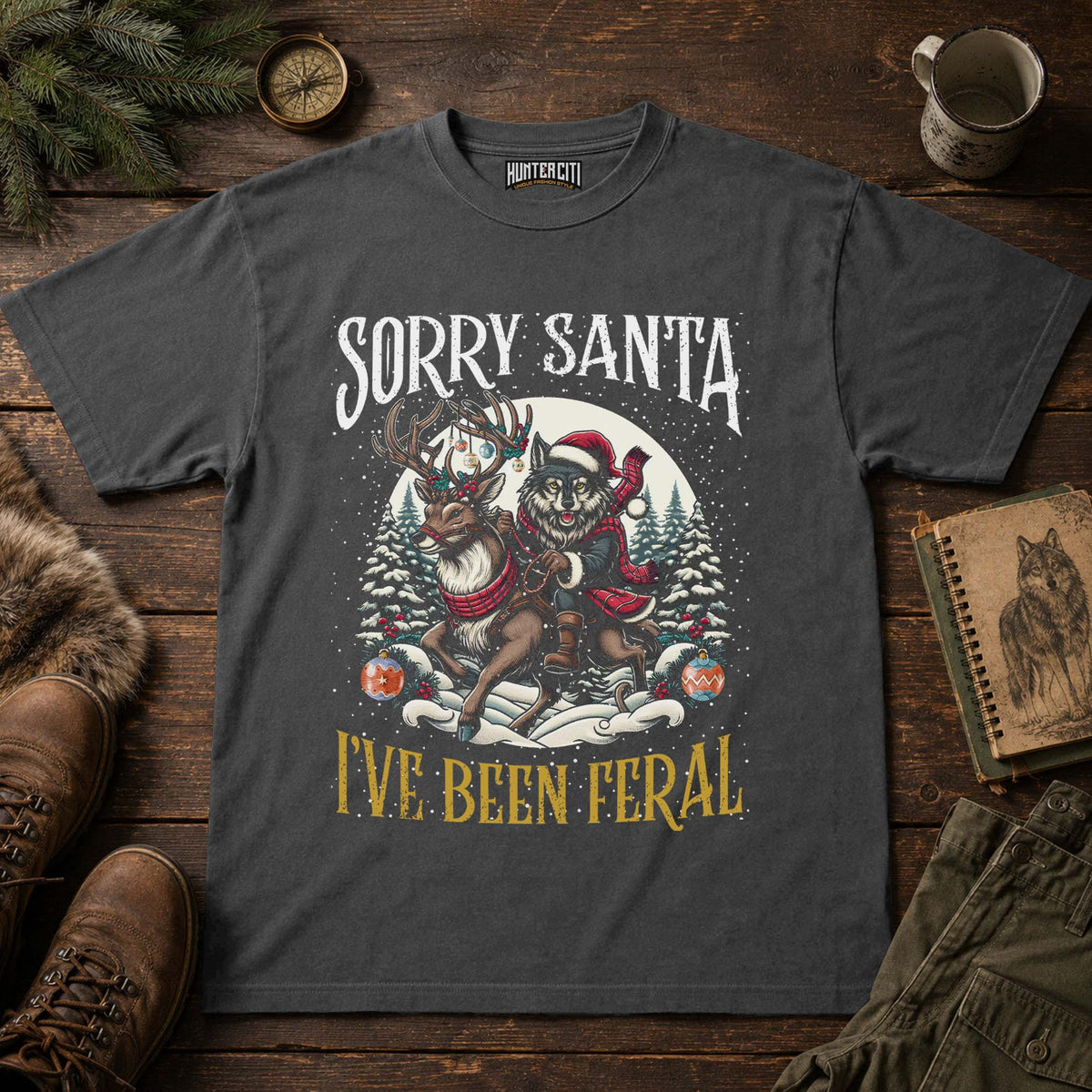 Sorry Santa I've Been Feral Comfort Colors 1717 Shirt, Funny Christmas Wolf Riding Reindeer Graphic Tee, Holiday Gift Tee