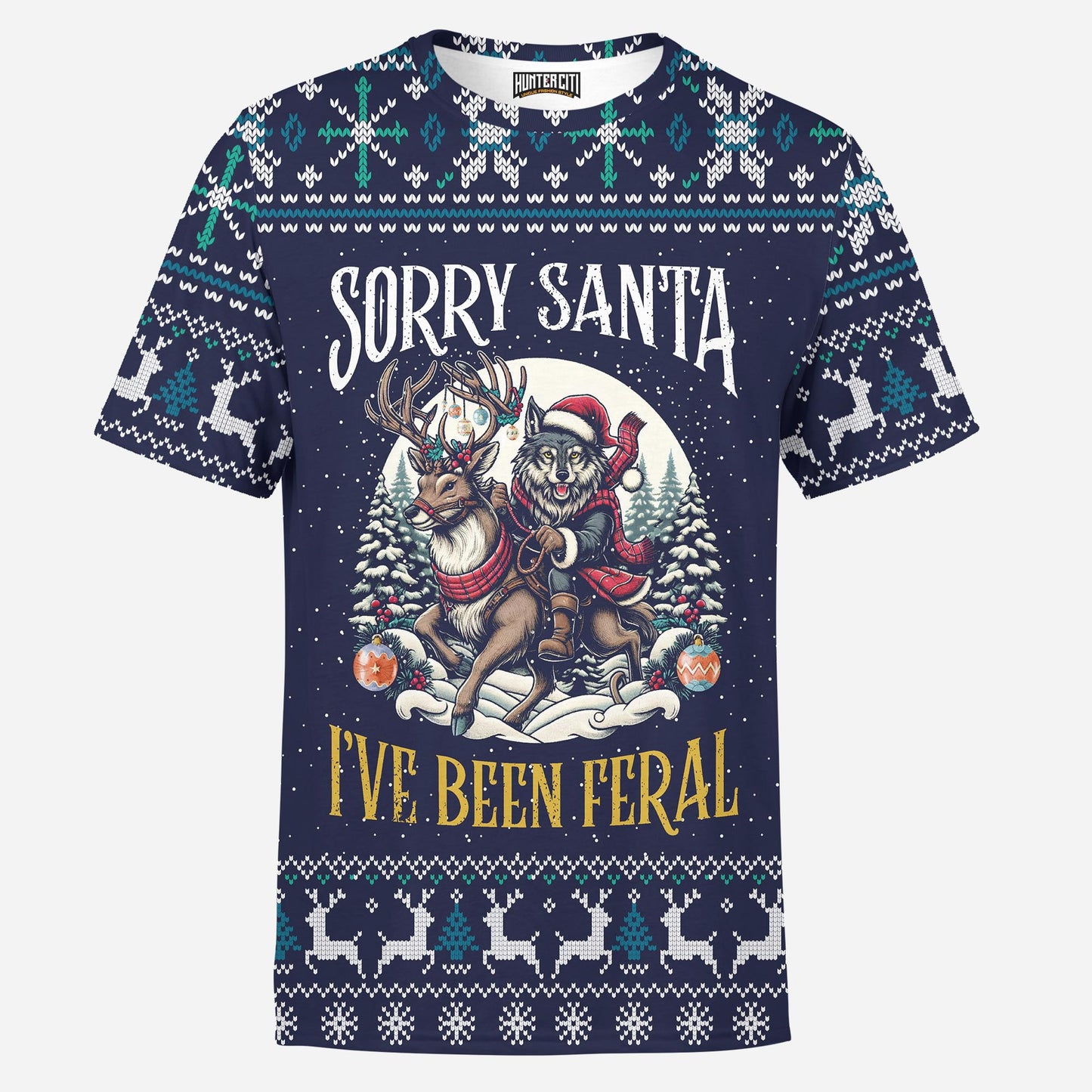 Funny Christmas Wolf Sorry Santa I’ve Been Feral Holiday Gift for Animal Lovers Mens T-Shirt