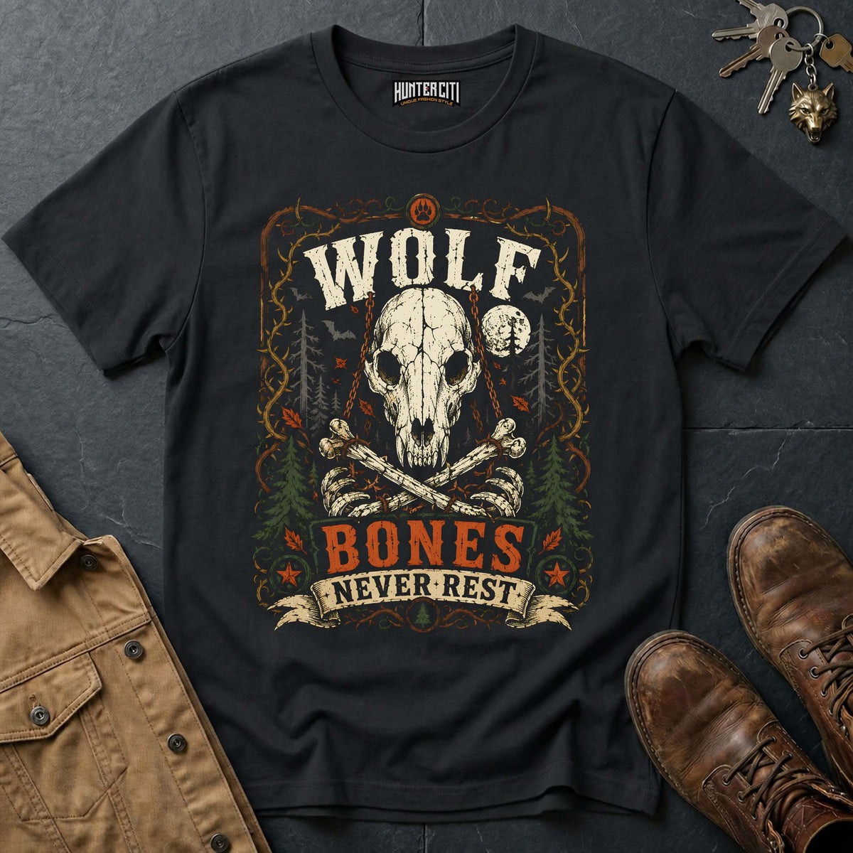 Wolf Bones Never Rest - Skeleton Wolf Halloween Vintage Wolf Halloween T Shirt