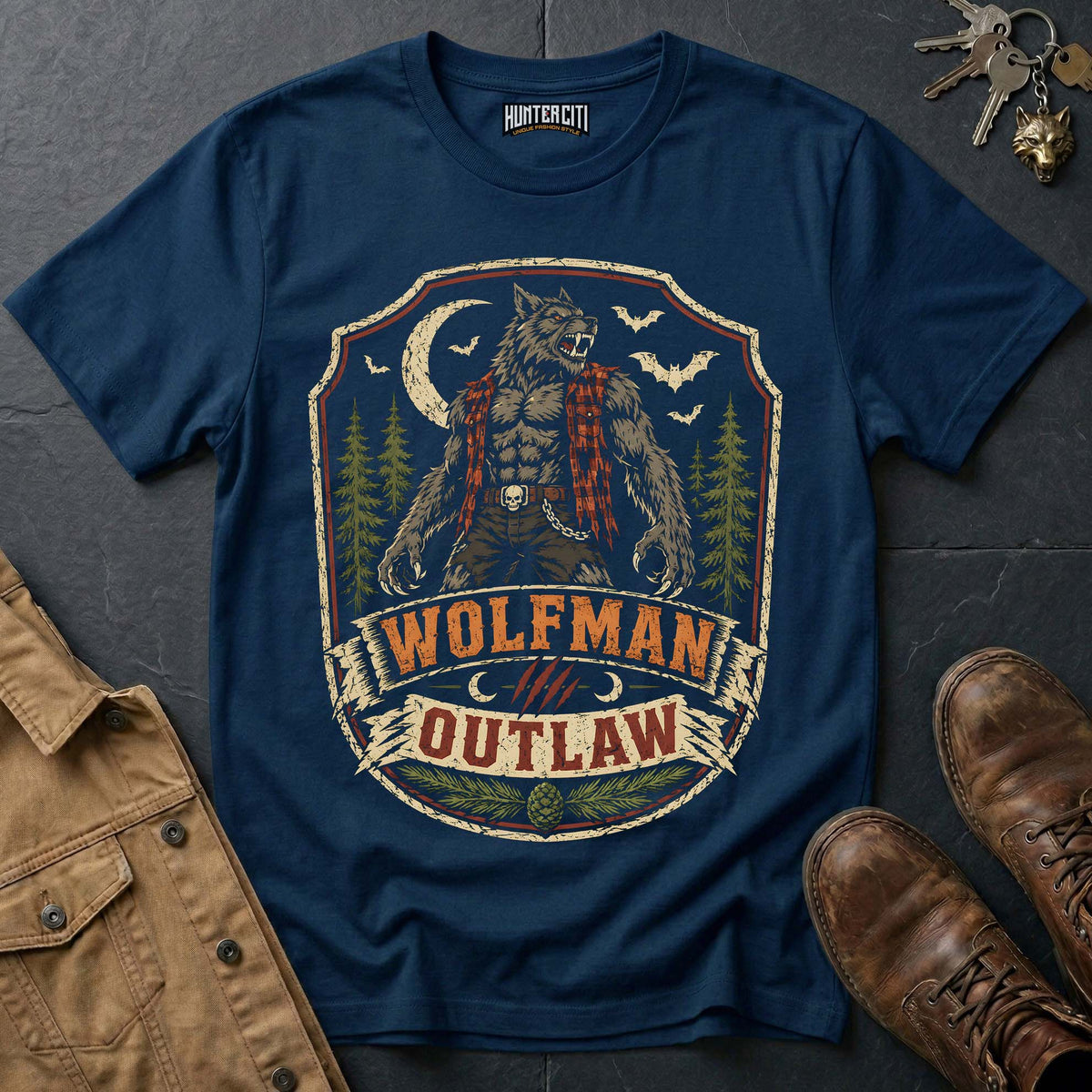 Wolfman Outlaw - Moonlit Werewolf Badge Vintage Wolf Halloween T Shirt