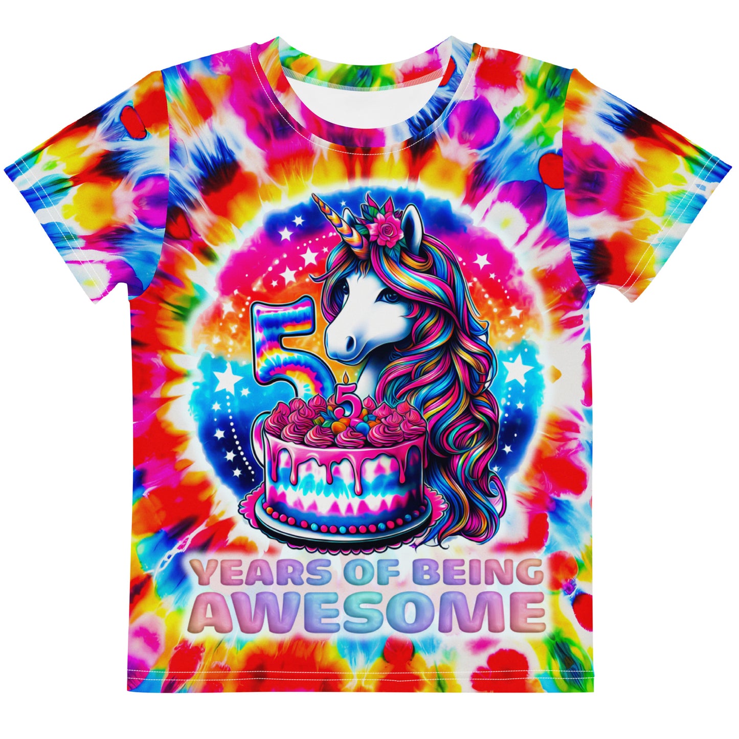 Unicorn 5th Birthday 5 Years of Being Awesome Tie Dye Kids T-Shirt
