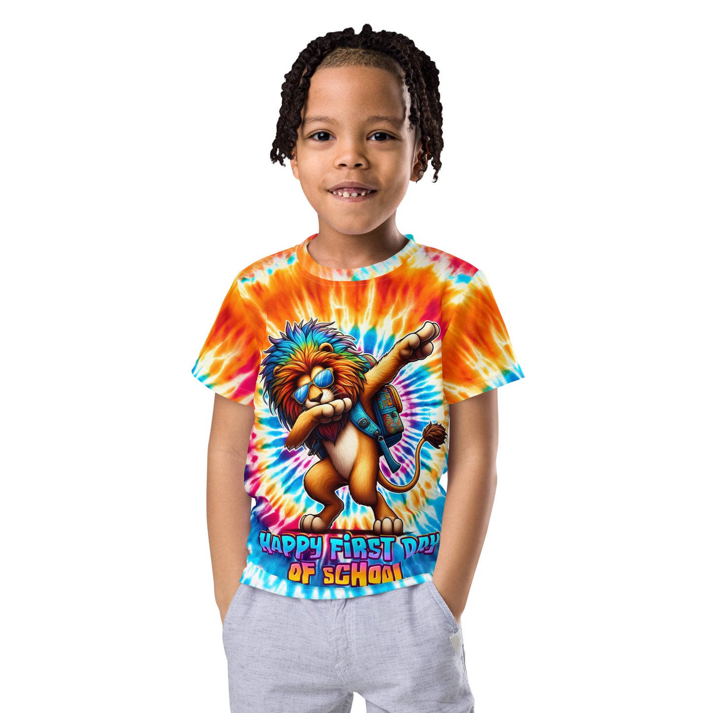 Happy First Day of School Lion Tie-Dye Dabbing Kids T-Shirt